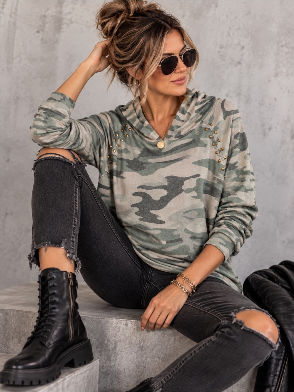 Michael Lauren Camo Studded Hoodie Green Gray NWT Size M